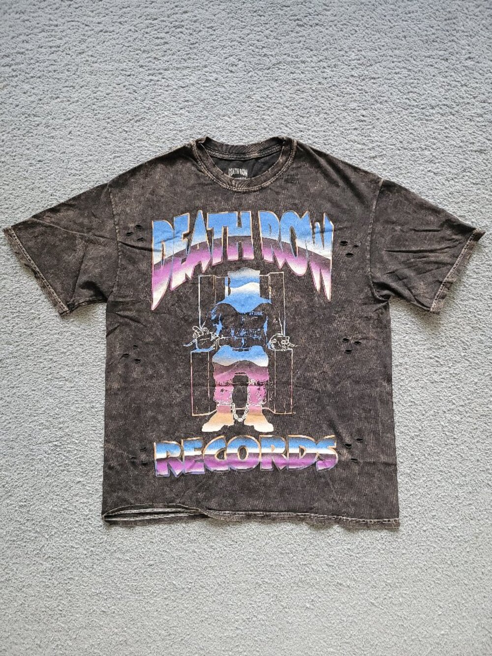 Retro-90s-Style Death Row Records Distressed Acid Wash Graphic T Mens/Unisex M